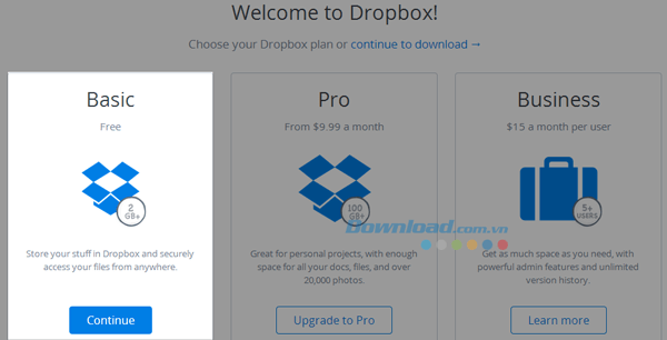 Chọn gói Dropbox Basic - miễn phí 2GB