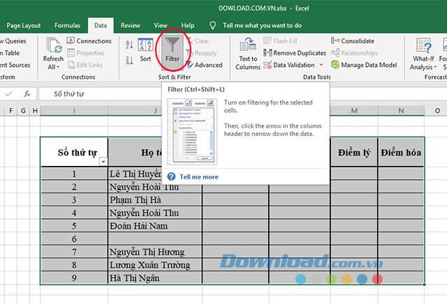 Sử dụng tính năng lọc dữ liệu trên Excel