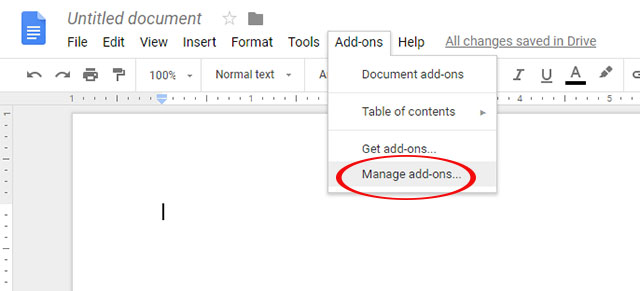 Trang quản lý tiện ích mở rộng trên Google Docs