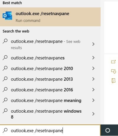 Nhập lệnh reset bảng điều hướng Outlook