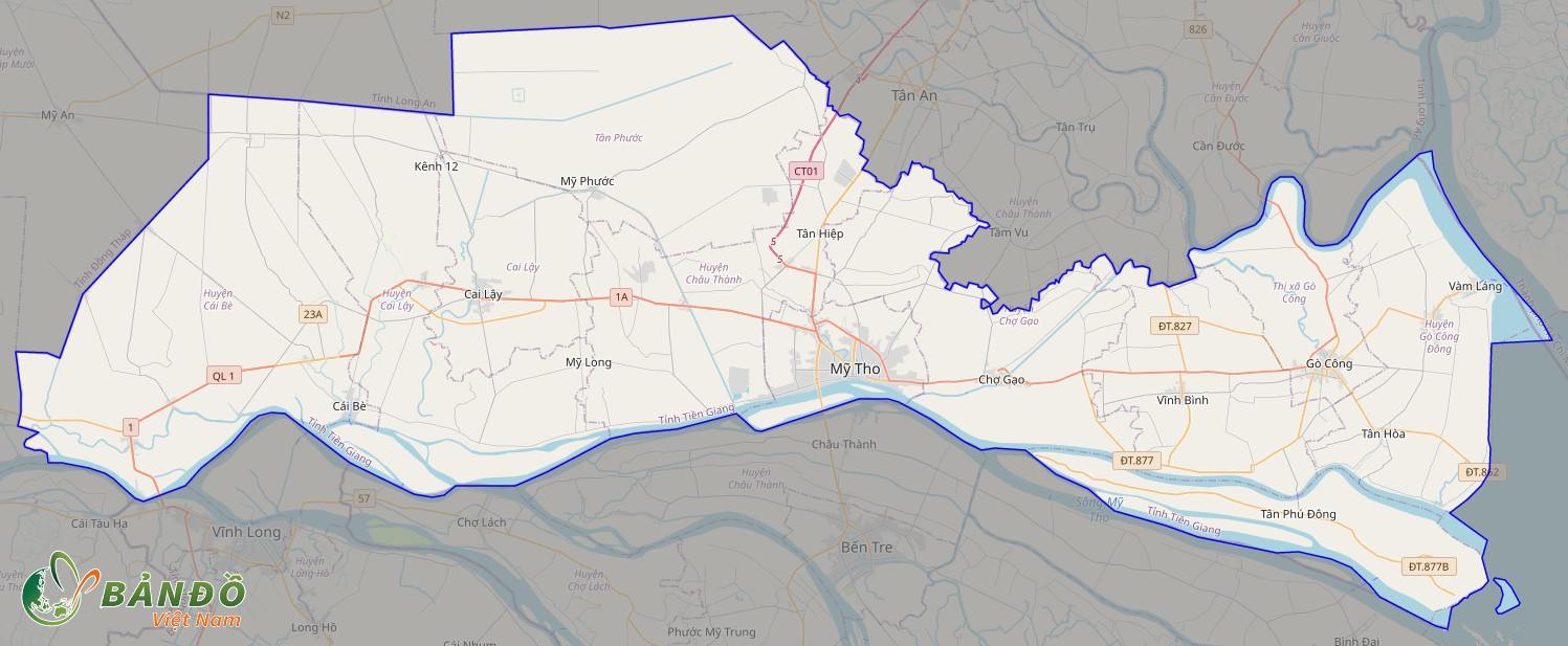 Bản đồ tỉnh Tiền Giang ở trên nền tảng Open Street Map