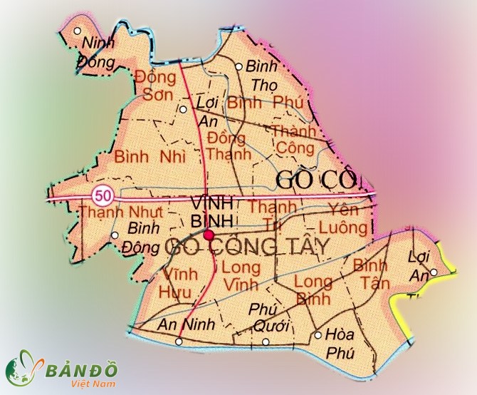 Bản đồ hành chính các xã và thị trấn tại Huyện Gò Công Tây    