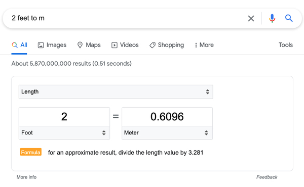Hình ảnh mô tả kết quả khi tìm kiếm trực tiếp trên Google: 2 feet to m