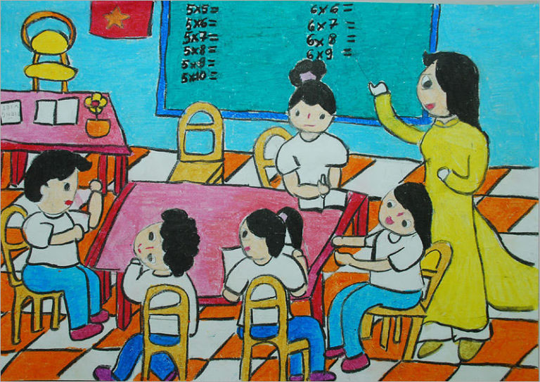 vẽ tranh đề tài ước mơ của em làm cô giáo dạy các em học sinh