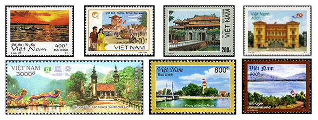 Đất nước Việt Nam giàu đẹp với nhiều danh lam, thắng cảnh nổi tiếng. Em hãy sắp sếp các mẫu tem phong cảnh sau đây theo thứ tự từ Bắc vào Nam